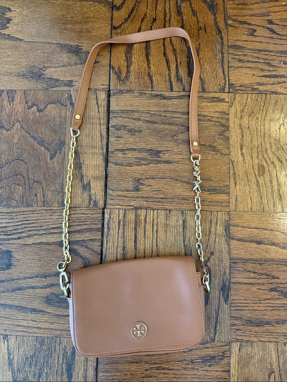 Tory Burch Cognac Leather Crossbody with Gold Chain Strap